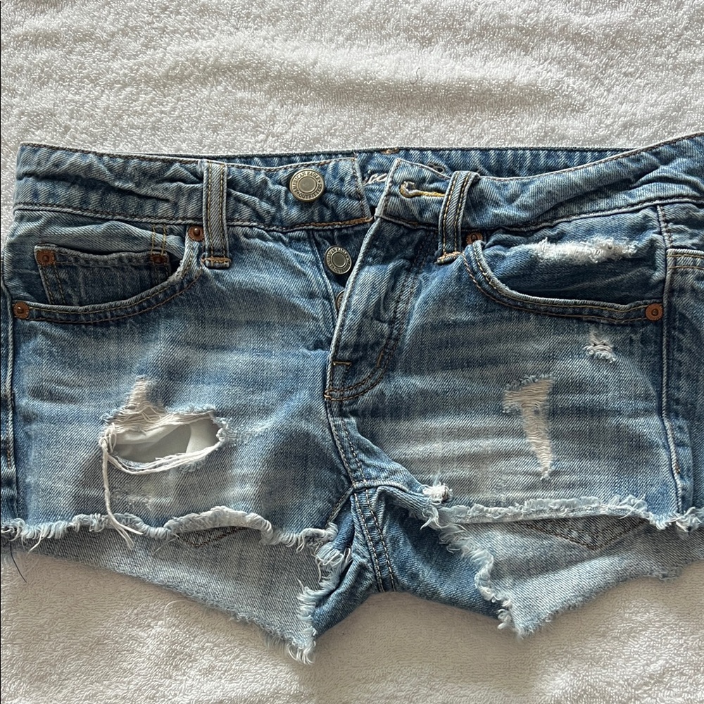 American Eagle BUTTON fly Light Blue Distressed Jean Shorts